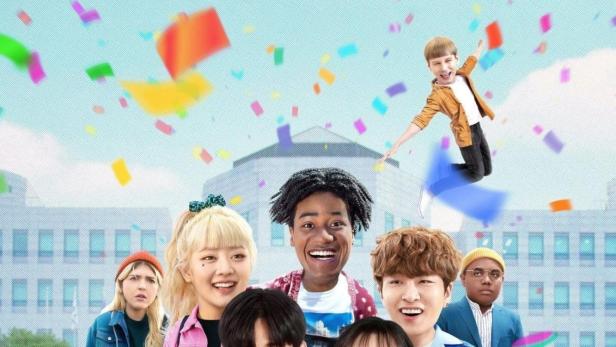 Das Poster für die Netflix-Serie „Ich wünschte, die Welt würde morgen untergehen“ zeigt eine Gruppe junger Leute vor einem Gebäude.