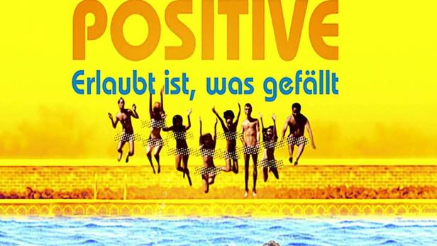 Das Poster für „Sex Positive“ zeigt Menschen, die in einen Pool springen und schwimmen.