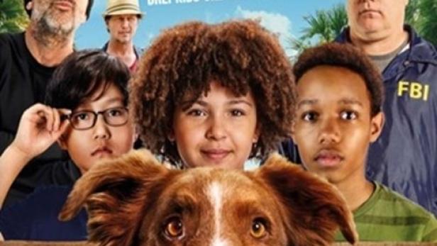 Das Filmplakat zu „Tierische Detektive“ zeigt einen Hund und drei Kinder.