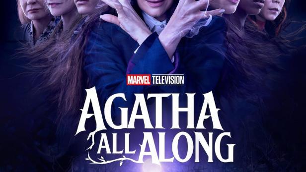 Das Poster für „Agatha All Along“ zeigt Agatha Harkness und andere Charaktere vor einem dunklen Wald.