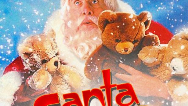 Das Filmplakat für „Santa Who?“ zeigt einen überraschten Weihnachtsmann mit Teddybären.