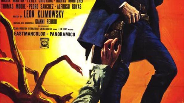 Ein Cowboy steht über einem gefallenen Mann auf dem Filmplakat zu „Bleigewitter“.