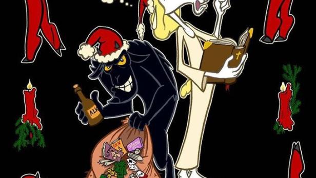 Eine satirische Weihnachtsgrafik mit Judas, Jesus und weiblichen Teufeln.