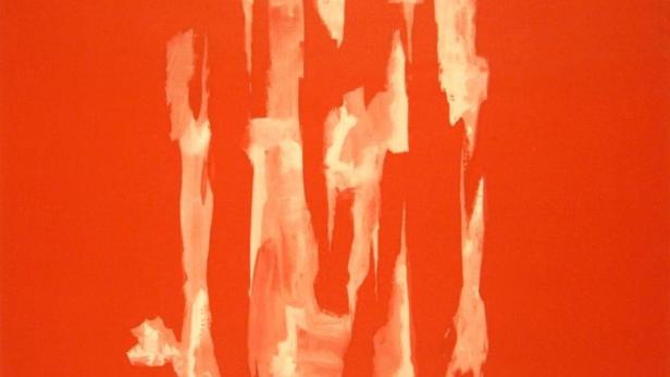 Ein abstraktes Gemälde mit dem Titel „Kanal“ in Weiß auf rotem Grund.