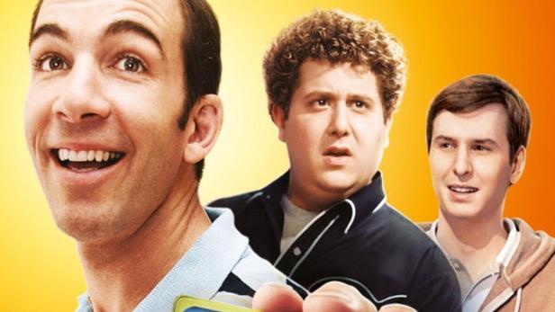 Das Filmplakat für „Superbad“ zeigt drei junge Männer und einen Ausweis mit der Aufschrift „41 Jahre und Jungfrau“.