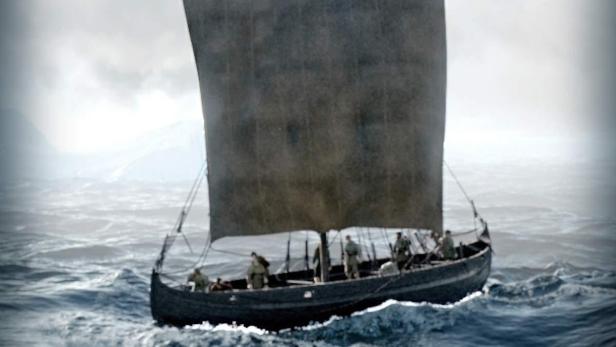 Ein Wikingerschiff segelt auf stürmischer See.