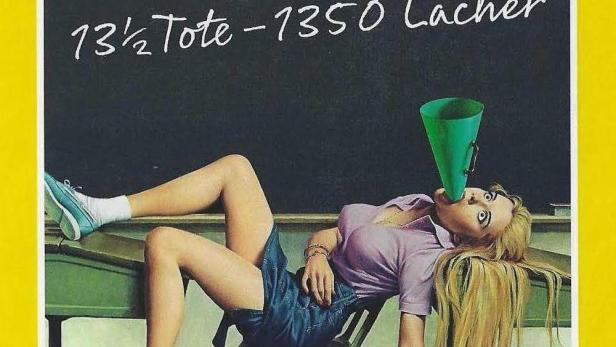 Das Cover des Buches „Was macht der Tote auf der Wäscheleine“ zeigt eine bewusstlose Frau mit Trichter im Mund.