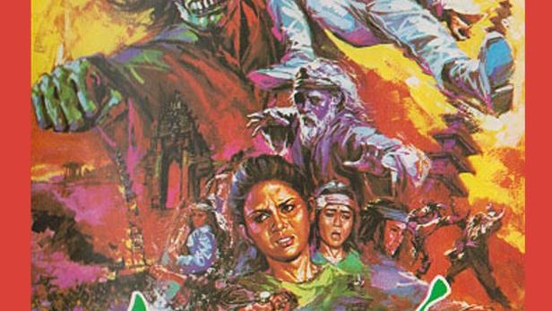 Das Filmplakat für „Das Geistergesicht der roten Dschunke“ zeigt eine Gruppe von Menschen und einen Zombie.