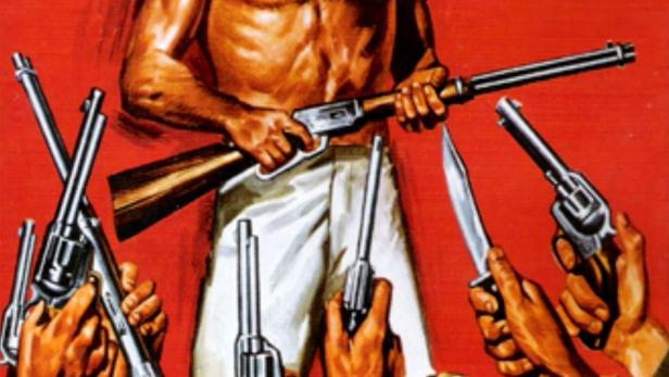 Ein Mann mit Sombrero hält ein Gewehr, umgeben von Händen mit Waffen, auf dem Filmplakat zu „Joaquín Murrieta“.