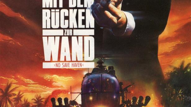 Das Filmplakat für „Clint Harris – Mit dem Rücken zur Wand“ zeigt einen Mann mit einer Waffe vor einem Hubschrauber im Kampf.