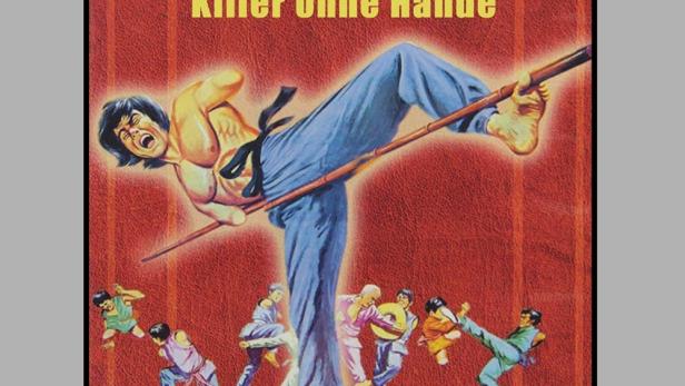 Das Cover des Films „The Crippled Masters: Killer ohne Hände“ zeigt einen Kampfkünstler mit einem Stock.