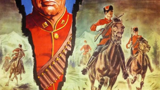 Das Filmplakat für „Die Rote Schwadron“ zeigt Robert Ryan als Mitglied der Königlichen Kanadischen Polizei zu Pferde.