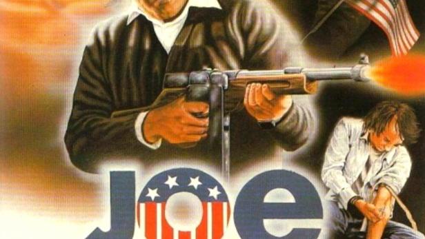 Das Filmplakat für „Joe – Rache für Amerika“ zeigt mehrere Charaktere und eine amerikanische Flagge.