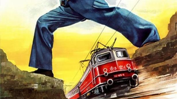 Ein Mann in Kampfpose steht über einem fahrenden Zug; Filmposter für „Chen Sing – Der Superhammer“.