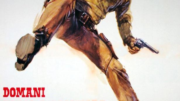 Ein Cowboy mit zwei Pistolen springt auf dem Filmplakat zu „Domani passo a salutare la tua vedova… parola di Epidemia“.