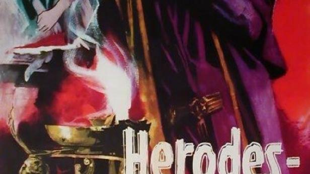 Das Filmplakat für „Herodes – Blut über Jerusalem“ zeigt Herodes und eine Frau vor rotem Hintergrund.