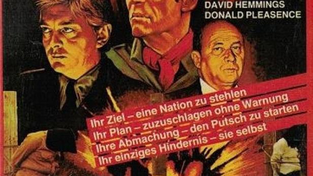 Das Filmplakat für „Power Play“ zeigt Peter O'Toole, David Hemmings und Donald Pleasence vor einer Explosion.