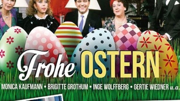Das Cover der Berliner Komödie „Frohe Ostern“ mit Günter Pfitzmann und anderen Schauspielern.