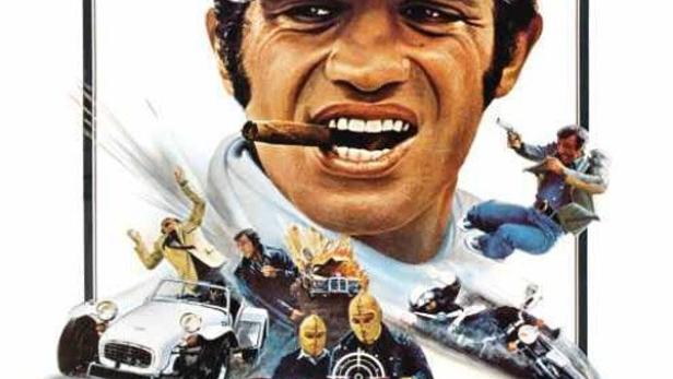 Das Filmplakat für „Der Windhund“ zeigt Jean-Paul Belmondo mit Zigarre und weitere Actionszenen.