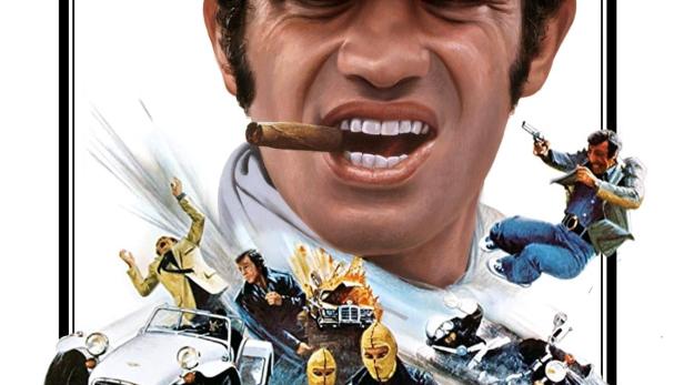 Das Filmplakat für „Der Windhund“ zeigt Jean-Paul Belmondo mit Zigarre und actionreichen Szenen.