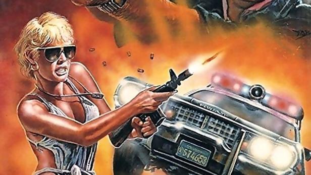 Ein Mann und eine Frau schießen auf ein Polizeiauto auf dem Cover von „American Rampage“.