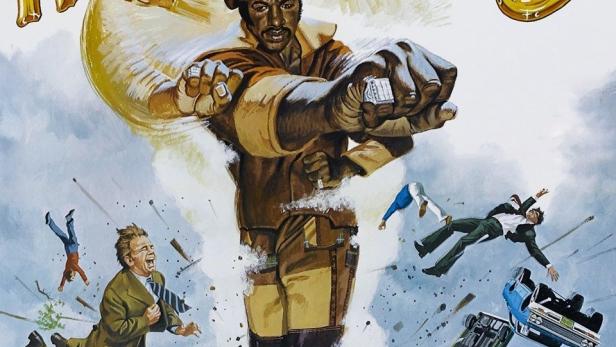 Das Filmplakat für „The Human Tornado“ zeigt einen Mann, der einen Wirbelsturm verursacht, der Menschen und Autos durch die Luft wirbelt.