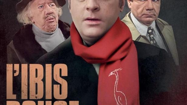 Das Filmplakat für „L'Ibis Rouge“ zeigt drei Männer, einer mit einem roten Schal mit einem Ibis darauf.