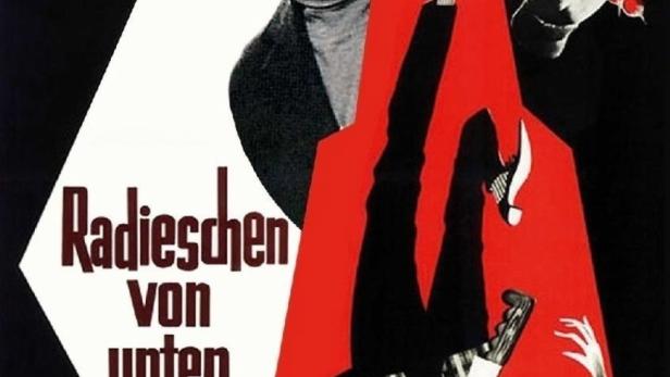 Das Filmplakat für „Radieschen von unten“ zeigt einen Mann und eine stilisierte, auf dem Kopf stehende Figur.