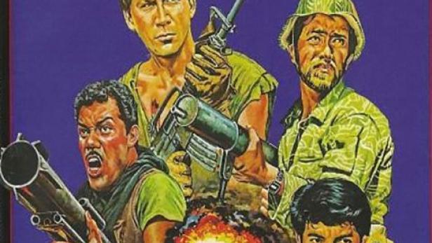 Das Cover des Films „Einsatzkommando Wildgänse“ zeigt vier bewaffnete Männer vor einer explosiven Szene.