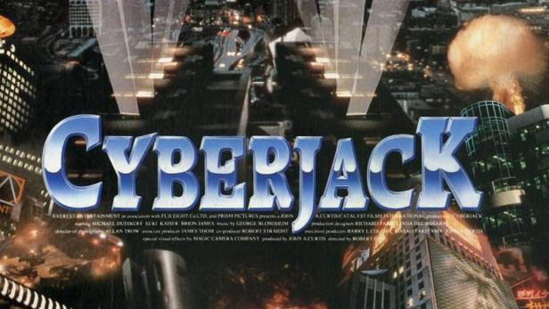 Das Filmplakat für „Cyberjack“ zeigt einen Mann mit einer Waffe vor einer futuristischen Stadtkulisse.