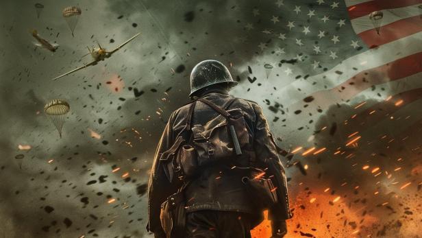 Ein Soldat geht in Richtung Schlachtfeld, im Hintergrund Flugzeuge und Fallschirmjäger.