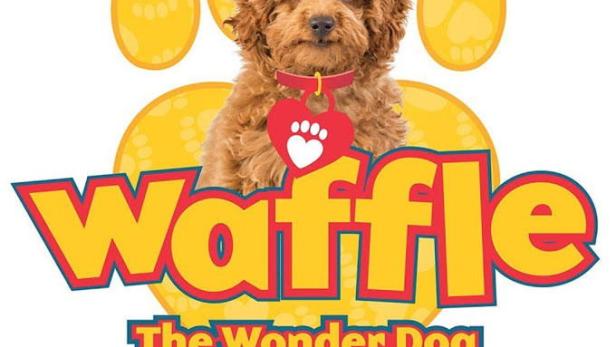 Logo für „Waffle the Wonder Dog“ mit einem Cartoon-Hund vor einem gelben Pfotenabdruck.