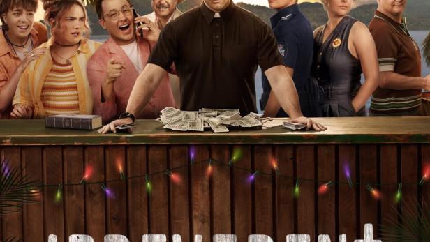Das Poster für die Fernsehserie „Irreverent“ zeigt eine Gruppe von Personen vor einer tropischen Kulisse.