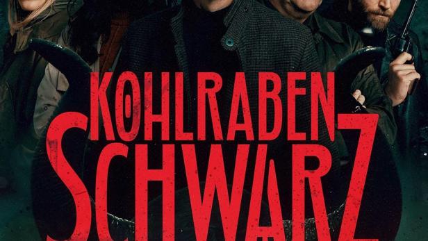 Das Filmplakat für „Kohlrabenschwarz“ zeigt fünf Personen vor einem dunklen, stürmischen Hintergrund.