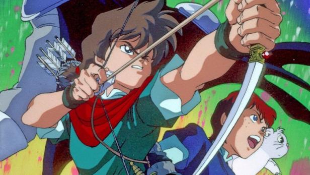 Ein animiertes Bild von Robin Hood, der einen Pfeil abschießt, mit anderen Charakteren im Hintergrund.