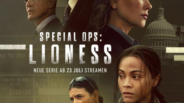 Das Poster für die neue Serie „Special Ops: Lioness“ mit Zoe Saldana, Morgan Freeman und Nicole Kidman.