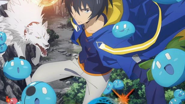 Ein Mann, begleitet von einem weißen Wolf und blauen Schleimwesen, scheint Magie zu wirken.