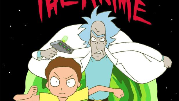 Rick und Morty stehen vor einem grünen Portal, darüber der Titel „Rick and Morty: The Anime“.