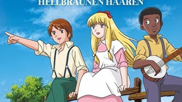 Das Cover des Anime „Jeannie mit den hellbraunen Haaren“ zeigt drei Kinder und einen Hund auf dem Land.