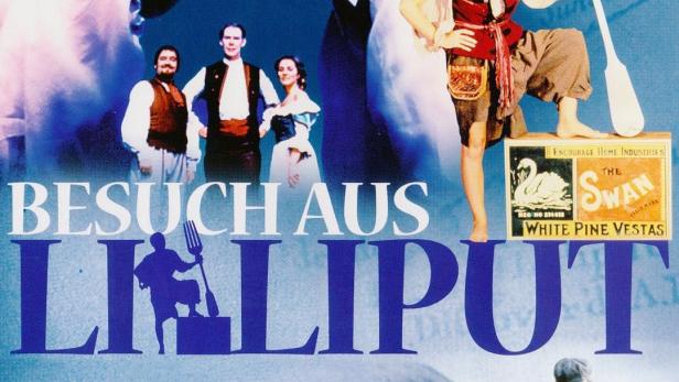 Das Filmplakat zu „Besuch aus Lilliput“ zeigt verschiedene Figuren und eine stilisierte Karte von Lilliput.
