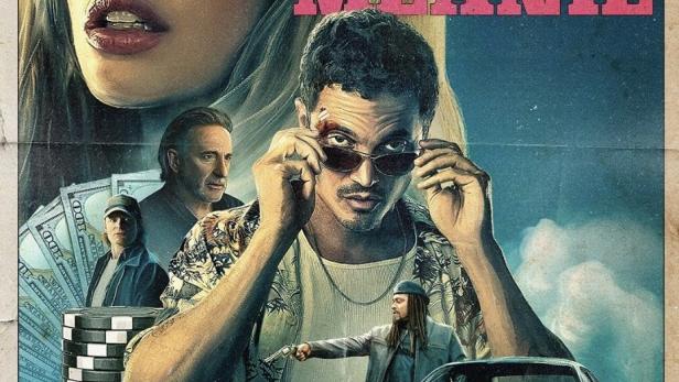 Das Filmplakat für „Eenie Meanie“ mit Samara Weaving und einem Mann mit Sonnenbrille.