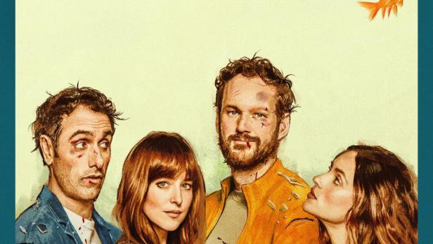 Das Filmplakat für „Splitsville“ zeigt vier verletzte Personen und einen Goldfisch.