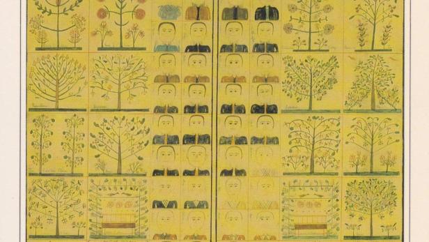 Das Kunstwerk „The Testament Of“ von Ann Lee zeigt stilisierte Figuren und Bäume in Gelbtönen.