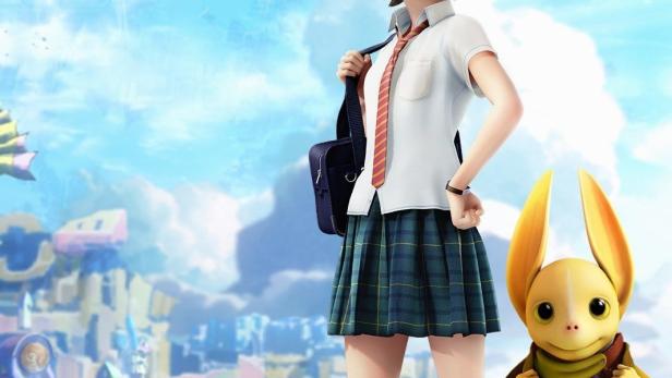 Das Filmplakat für „Haruka und der Zauberspiegel“ zeigt ein junges Mädchen und eine gelbe Kreatur vor einer fantastischen Stadt.