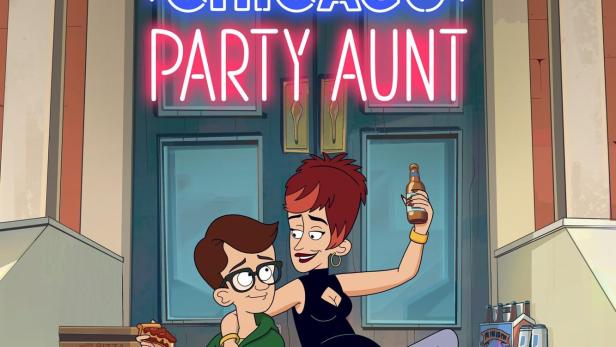 Eine Tante und ihr Neffe sitzen mit Pizza und Bier auf einer Treppe unter einem „Chicago Party Aunt“-Schild.