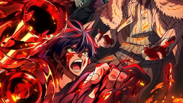 Ein Anime-Poster für „Tougen Anki“ mit mehreren Charakteren in einer blutigen Szene.