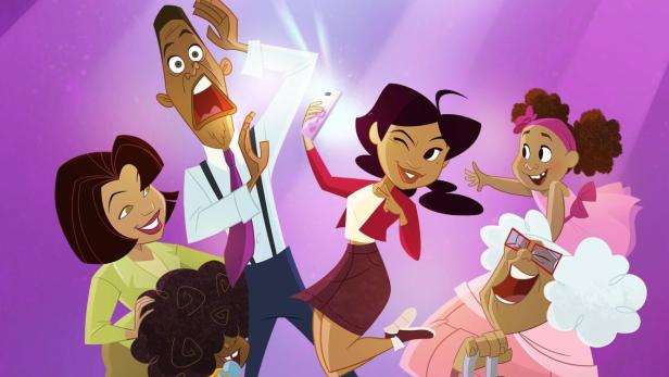 Das animierte Ensemble der Serie „Die Prouds: Lauter und Trauter“ posiert vor einem lila Hintergrund.