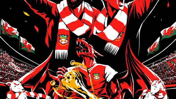 Eine Illustration zur Serie „Welcome to Wrexham“ mit Ryan Reynolds und Rob McElhenney.