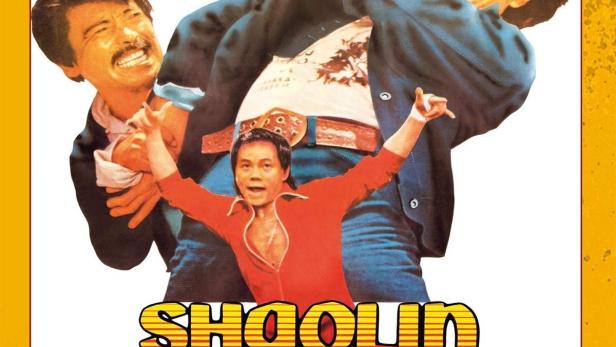 Das Filmplakat für „Bruce Li und die Todesfinger der Shaolin“ zeigt drei Männer in Kampfpose.