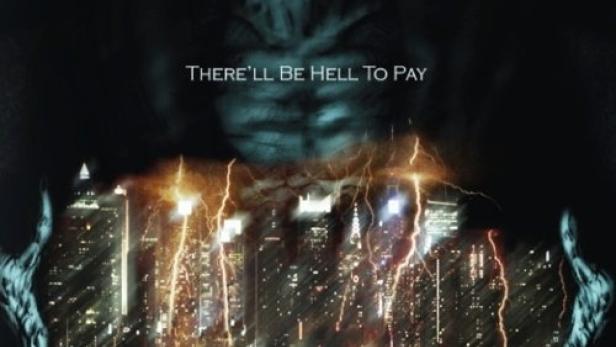 Das Filmplakat für „Ba'al“ zeigt ein dämonisches Wesen über einer Stadtlandschaft mit Blitzen.